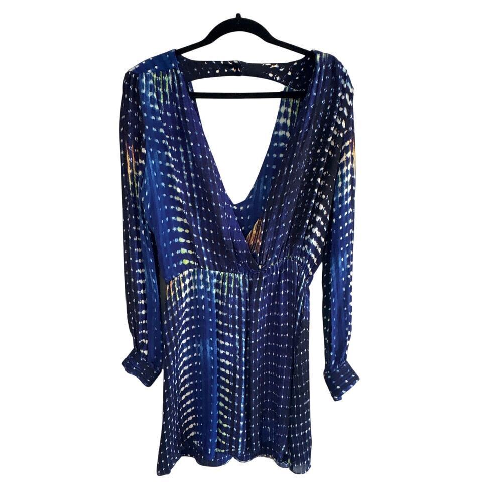 Parker NY Blue Multicolor Abstract Print 100% Silk Long Sleeve Deep V Mini Dress